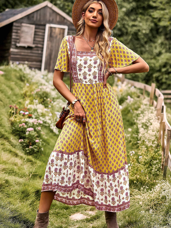 Bohemian Midi Dress with Floral Print and Square Neckline Midi Dresses MyDresses 