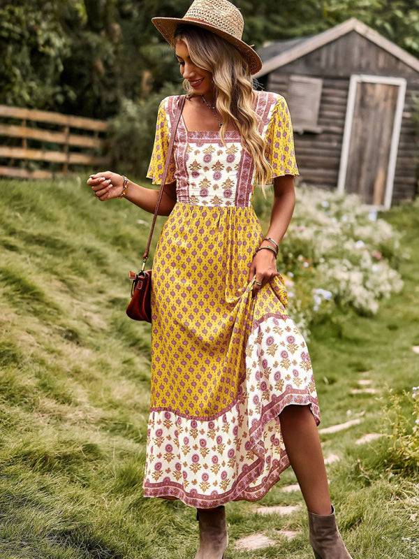 Bohemian Midi Dress with Floral Print and Square Neckline Midi Dresses MyDresses 