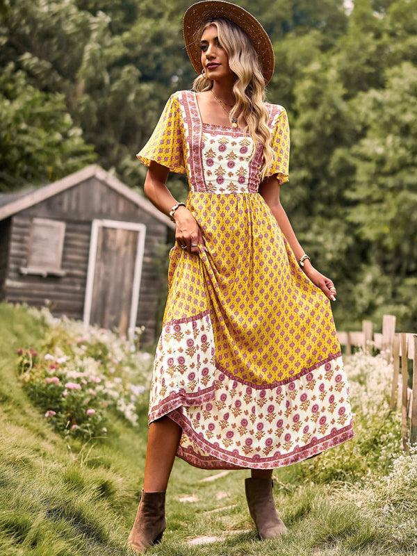 Bohemian Midi Dress with Floral Print and Square Neckline Midi Dresses MyDresses Yellow 8 | S 