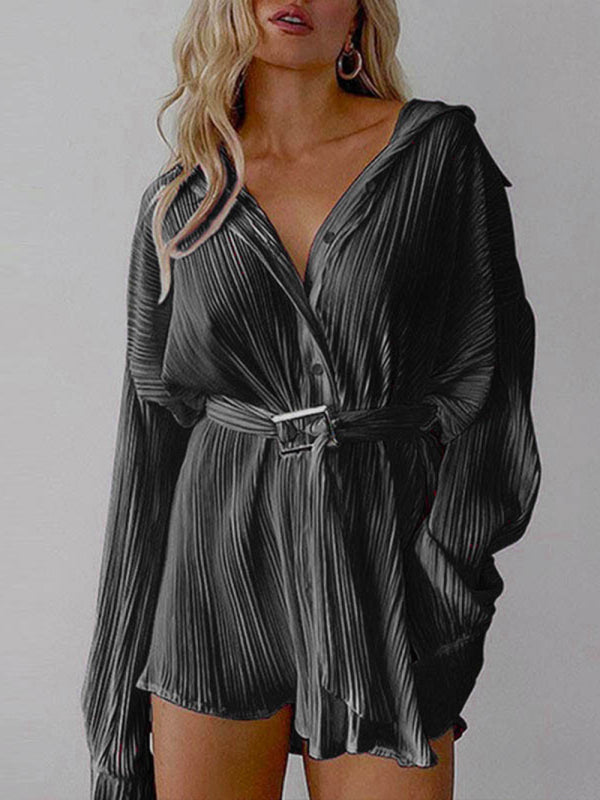 Pleated Long Sleeve Shirt Dress with Belted Waist Mini Dresses MyDresses Black 8 | S 