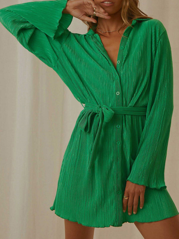 Pleated Long Sleeve Shirt Dress with Belted Waist Mini Dresses MyDresses 