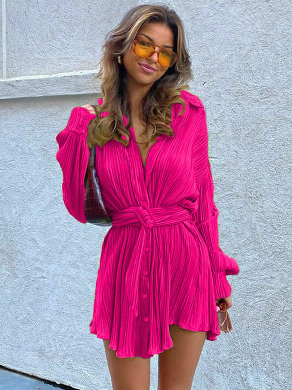 Pleated Long Sleeve Shirt Dress with Belted Waist Mini Dresses MyDresses 