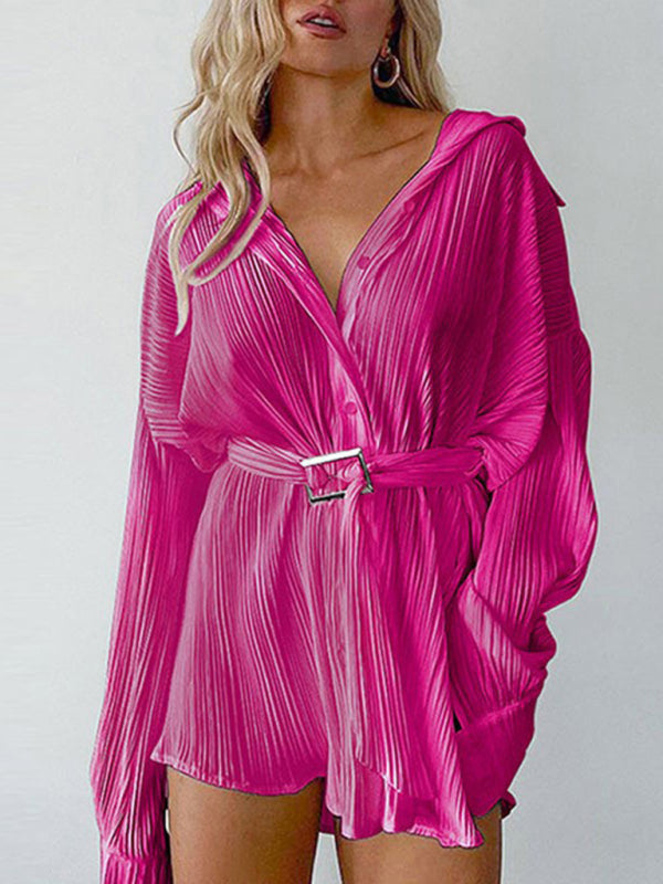 Pleated Long Sleeve Shirt Dress with Belted Waist Mini Dresses MyDresses Rose 8 | S 