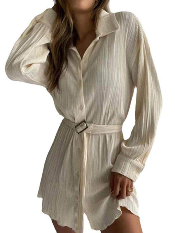 Pleated Long Sleeve Shirt Dress with Belted Waist Mini Dresses MyDresses White 8 | S 