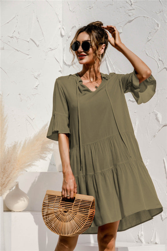 V-neck Floral Print Midi Dress with Trumpet Sleeves Midi Dresses MyDresses 