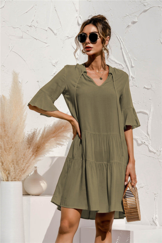 V-neck Floral Print Midi Dress with Trumpet Sleeves Midi Dresses MyDresses 