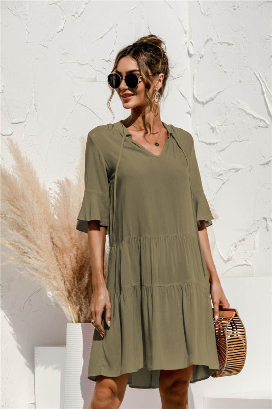 V-neck Floral Print Midi Dress with Trumpet Sleeves Midi Dresses MyDresses Olive Green 8 | S 