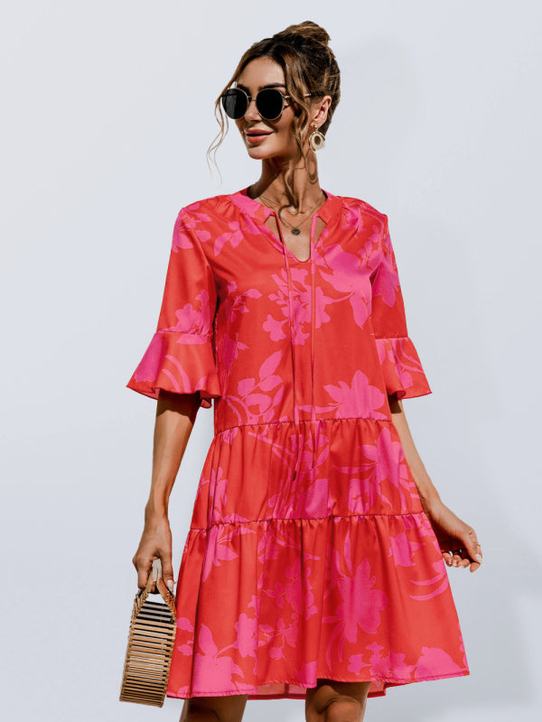 V-neck Floral Print Midi Dress with Trumpet Sleeves Midi Dresses MyDresses Rose 8 | S 