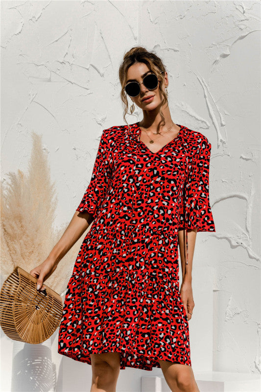 V-neck Floral Print Midi Dress with Trumpet Sleeves Midi Dresses MyDresses 