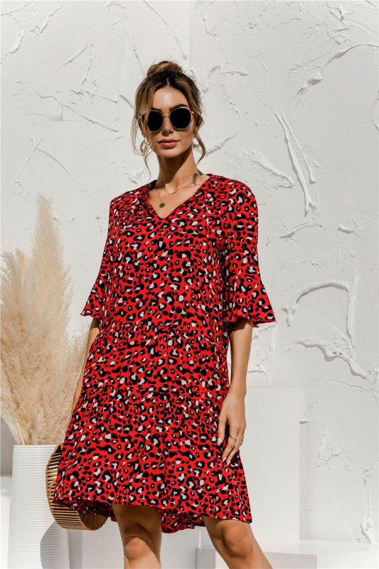 V-neck Floral Print Midi Dress with Trumpet Sleeves Midi Dresses MyDresses 