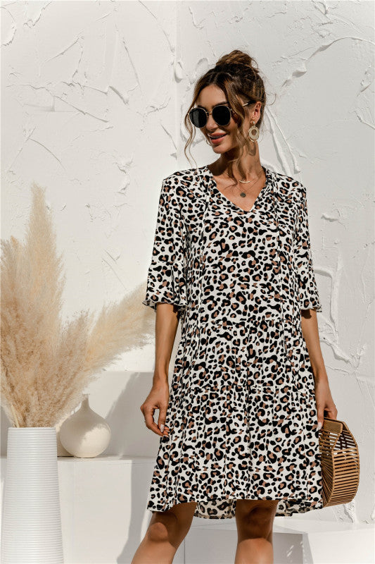 V-neck Floral Print Midi Dress with Trumpet Sleeves Midi Dresses MyDresses 