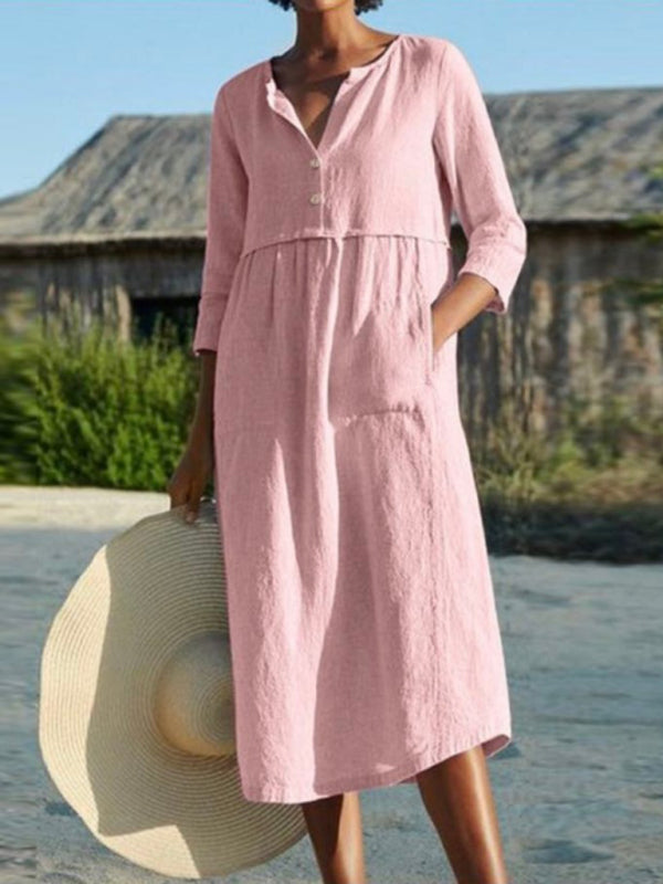 Button Detail Long Sleeve Dress with Pockets Maxi Dresses MyDresses 