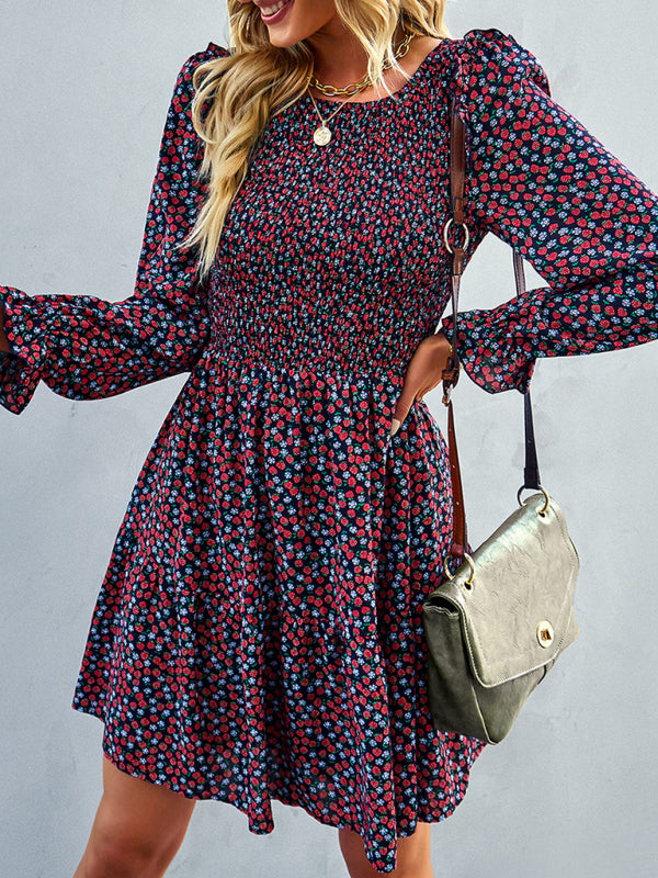 Floral Print A-Line Dress with Smocked Bodice and Tiered Skirt Mini Dresses MyDresses 