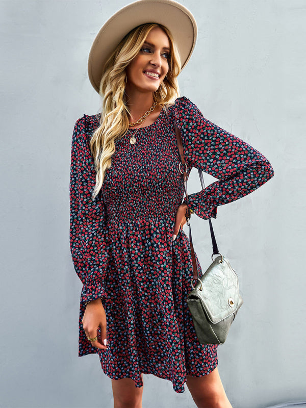 Floral Print A-Line Dress with Smocked Bodice and Tiered Skirt Mini Dresses MyDresses Blue 8 | S 