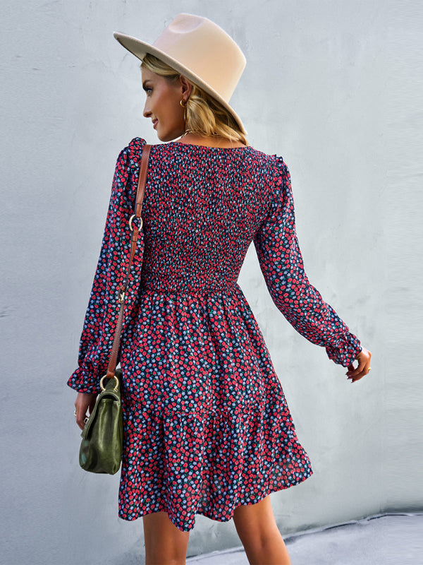 Floral Print A-Line Dress with Smocked Bodice and Tiered Skirt Mini Dresses MyDresses 