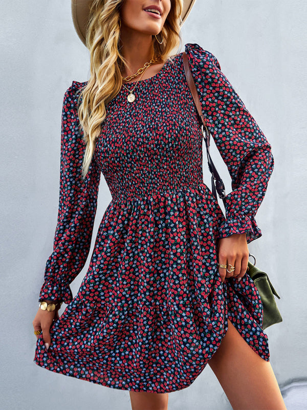 Floral Print A-Line Dress with Smocked Bodice and Tiered Skirt Mini Dresses MyDresses 
