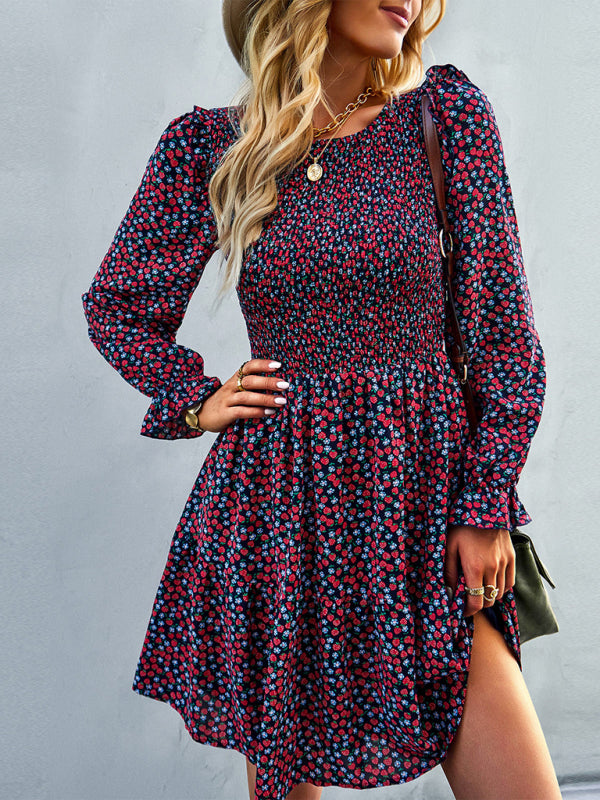 Floral Print A-Line Dress with Smocked Bodice and Tiered Skirt Mini Dresses MyDresses 