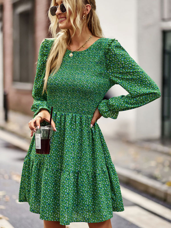 Floral Print A-Line Dress with Smocked Bodice and Tiered Skirt Mini Dresses MyDresses Green 8 | S 
