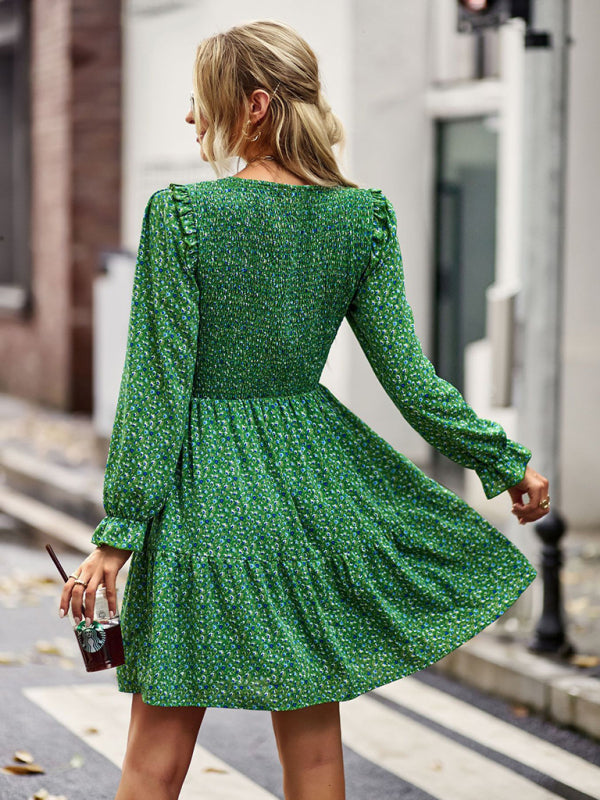 Floral Print A-Line Dress with Smocked Bodice and Tiered Skirt Mini Dresses MyDresses 