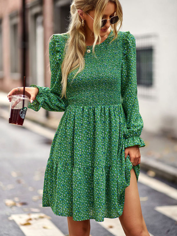 Floral Print A-Line Dress with Smocked Bodice and Tiered Skirt Mini Dresses MyDresses 