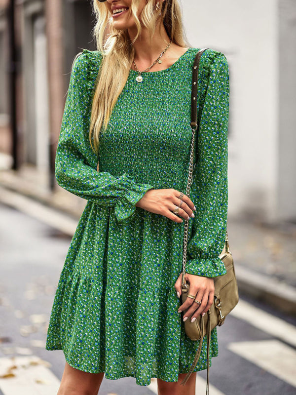 Floral Print A-Line Dress with Smocked Bodice and Tiered Skirt Mini Dresses MyDresses 