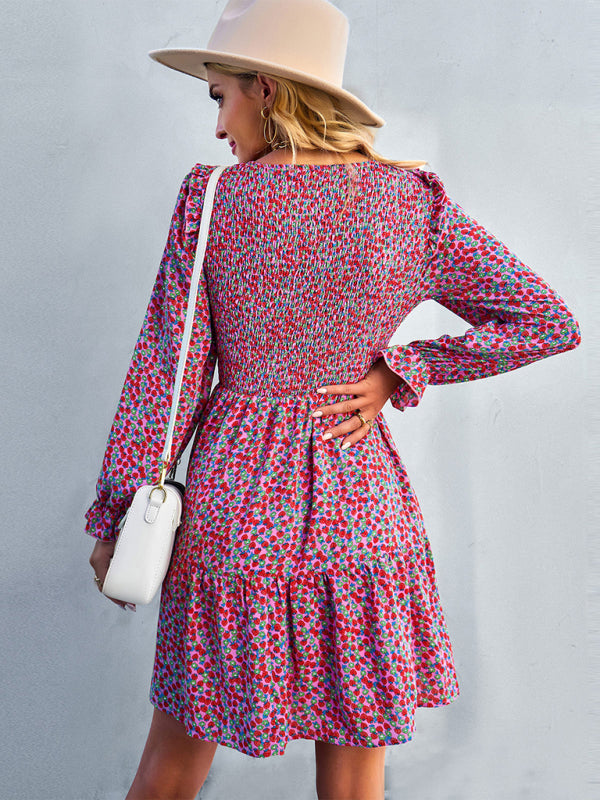 Floral Print A-Line Dress with Smocked Bodice and Tiered Skirt Mini Dresses MyDresses 