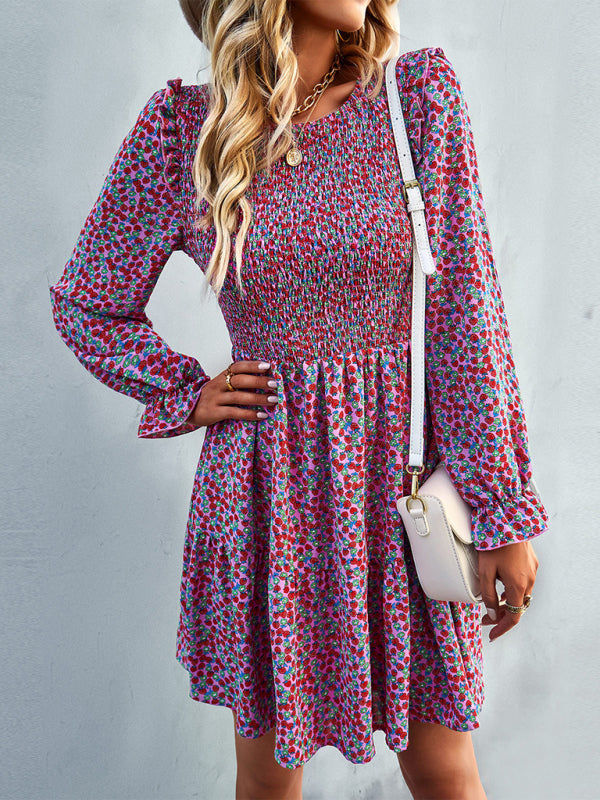 Floral Print A-Line Dress with Smocked Bodice and Tiered Skirt Mini Dresses MyDresses 