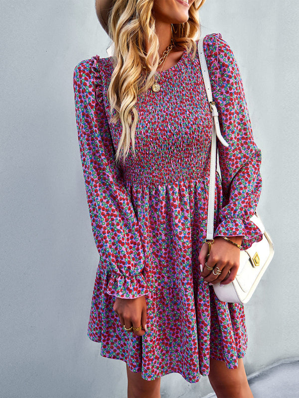 Floral Print A-Line Dress with Smocked Bodice and Tiered Skirt Mini Dresses MyDresses 