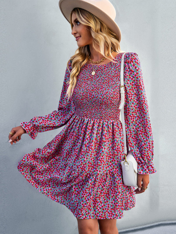 Floral Print A-Line Dress with Smocked Bodice and Tiered Skirt Mini Dresses MyDresses Pink 8 | S 