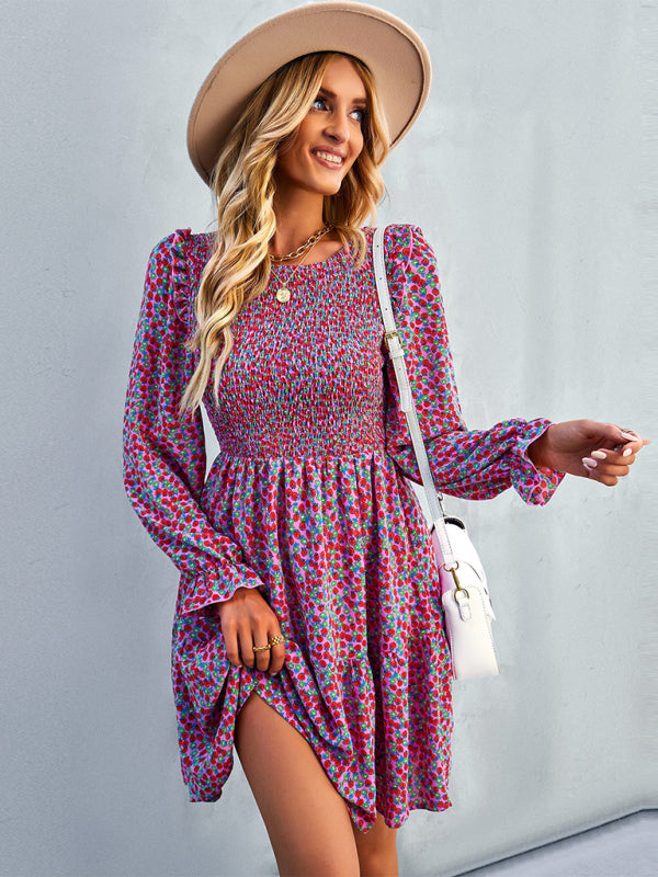 Floral Print A-Line Dress with Smocked Bodice and Tiered Skirt Mini Dresses MyDresses 