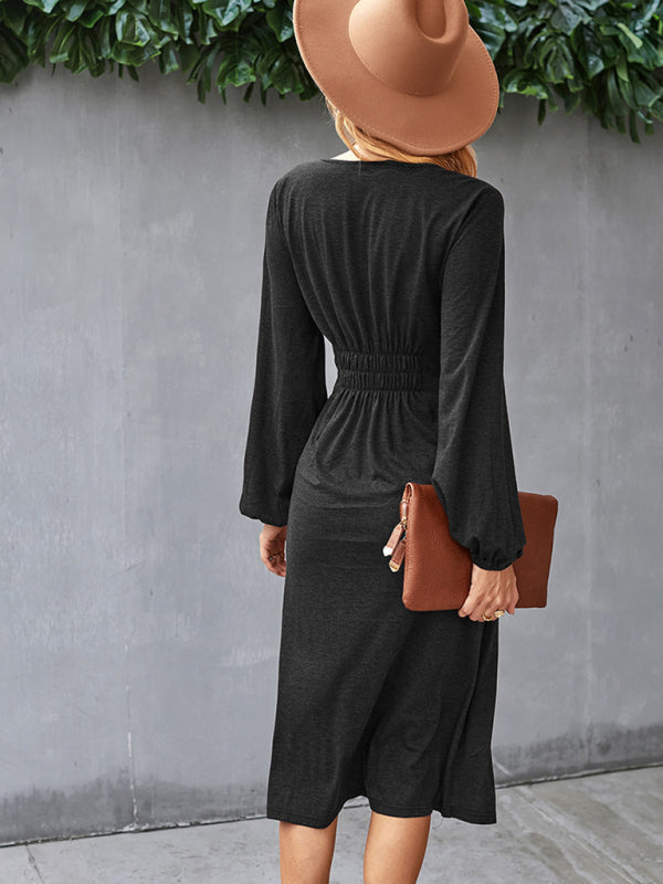 Waist-Slimming V-Neck Midi Dress with Button-Down Front Midi Dresses MyDresses 