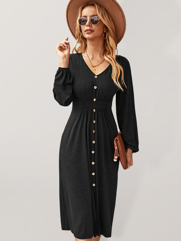 Waist-Slimming V-Neck Midi Dress with Button-Down Front Midi Dresses MyDresses Black 8 | S 