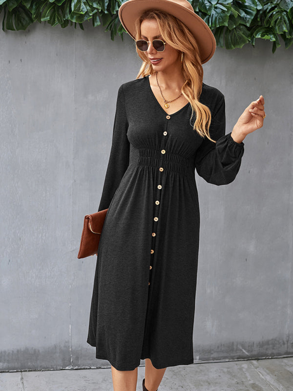 Waist-Slimming V-Neck Midi Dress with Button-Down Front Midi Dresses MyDresses 