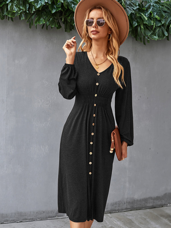 Waist-Slimming V-Neck Midi Dress with Button-Down Front Midi Dresses MyDresses 