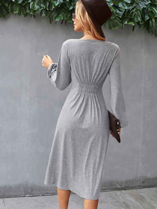 Waist-Slimming V-Neck Midi Dress with Button-Down Front Midi Dresses MyDresses 