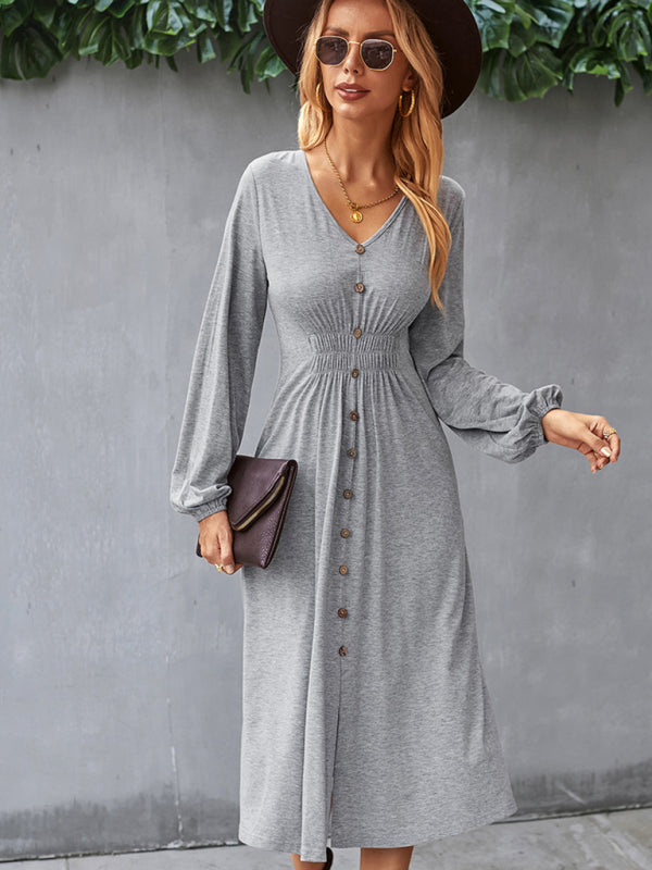 Waist-Slimming V-Neck Midi Dress with Button-Down Front Midi Dresses MyDresses 