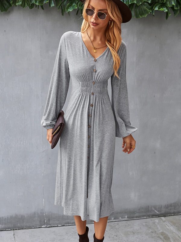 Waist-Slimming V-Neck Midi Dress with Button-Down Front Midi Dresses MyDresses Grey 8 | S 