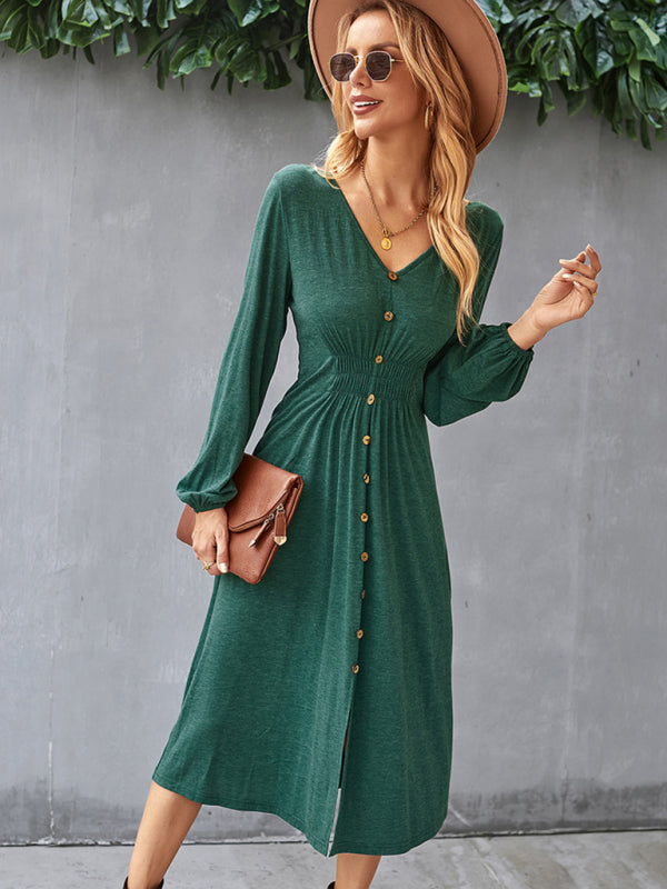 Waist-Slimming V-Neck Midi Dress with Button-Down Front Midi Dresses MyDresses 