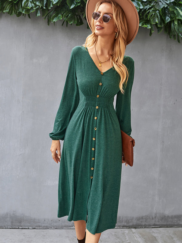 Waist-Slimming V-Neck Midi Dress with Button-Down Front Midi Dresses MyDresses 