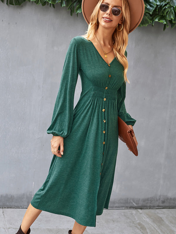 Waist-Slimming V-Neck Midi Dress with Button-Down Front Midi Dresses MyDresses 