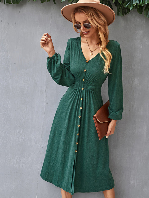 Waist-Slimming V-Neck Midi Dress with Button-Down Front Midi Dresses MyDresses Light Green 8 | S 