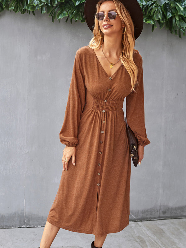 Waist-Slimming V-Neck Midi Dress with Button-Down Front Midi Dresses MyDresses 