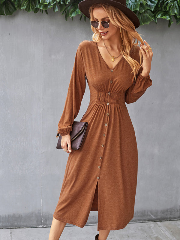 Waist-Slimming V-Neck Midi Dress with Button-Down Front Midi Dresses MyDresses Orange 8 | S 