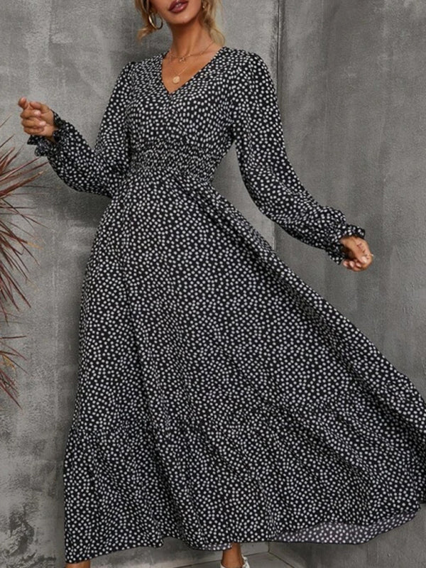 V-Neck Maxi Dress with Polka Dot Print and Tiered Skirt Maxi Dresses MyDresses Black 8 | S 