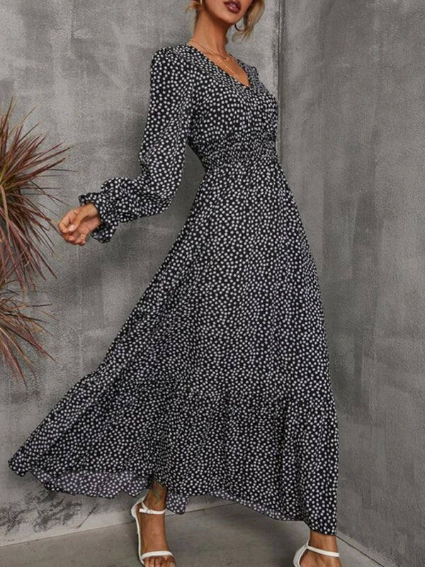 V-Neck Maxi Dress with Polka Dot Print and Tiered Skirt Maxi Dresses MyDresses 
