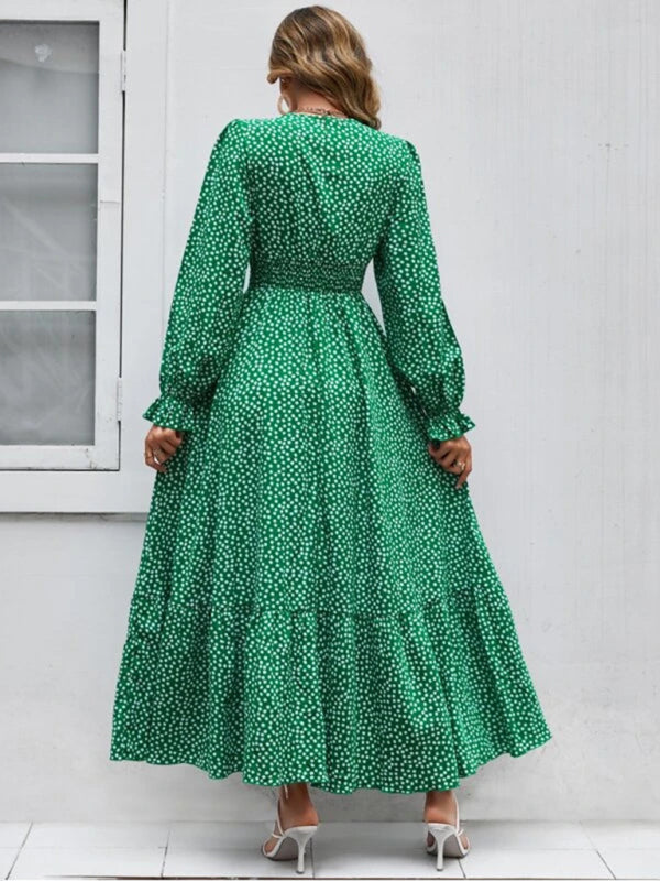 V-Neck Maxi Dress with Polka Dot Print and Tiered Skirt Maxi Dresses MyDresses 