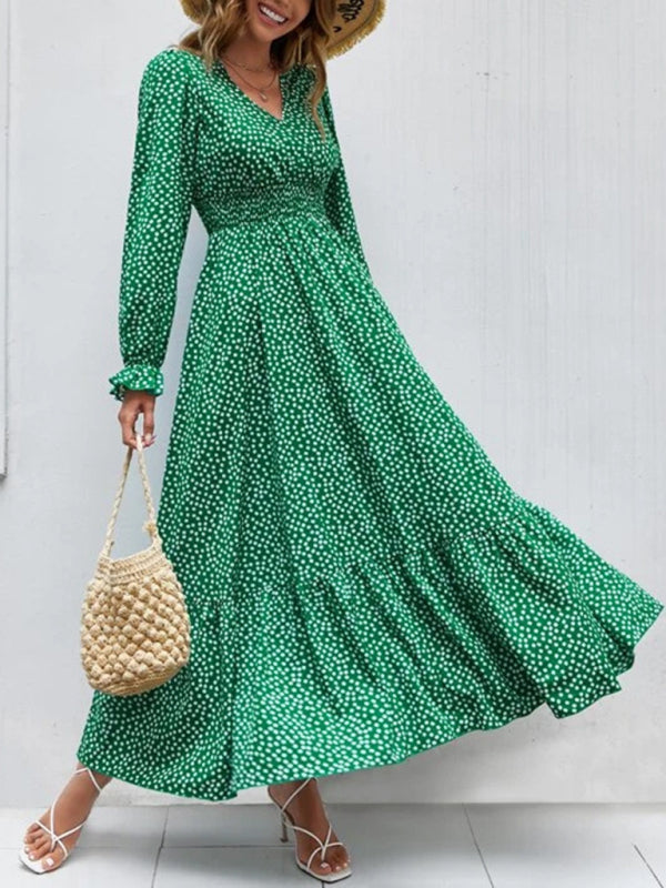 V-Neck Maxi Dress with Polka Dot Print and Tiered Skirt Maxi Dresses MyDresses 