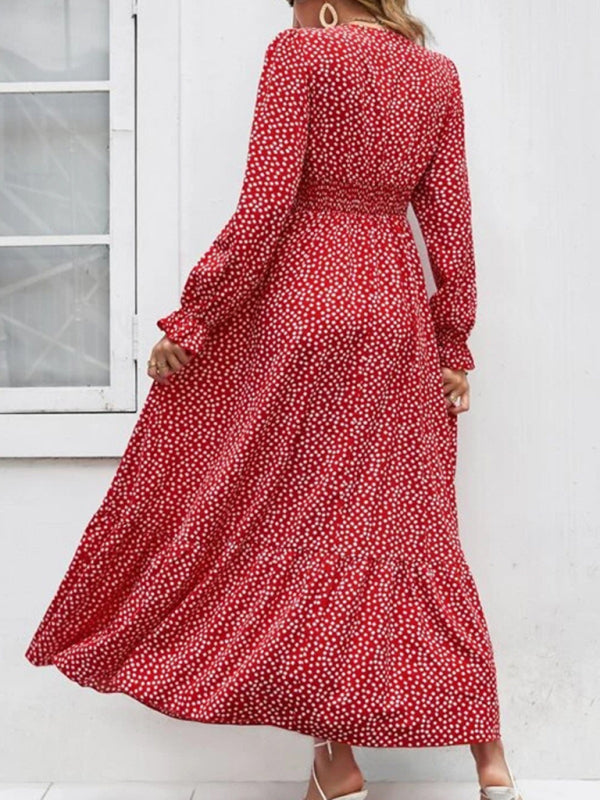 V-Neck Maxi Dress with Polka Dot Print and Tiered Skirt Maxi Dresses MyDresses 