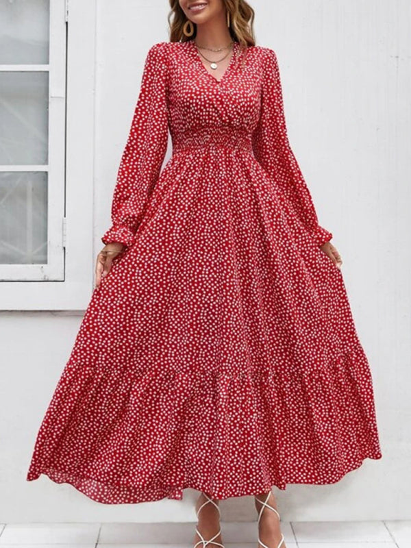 V-Neck Maxi Dress with Polka Dot Print and Tiered Skirt Maxi Dresses MyDresses Red 8 | S 