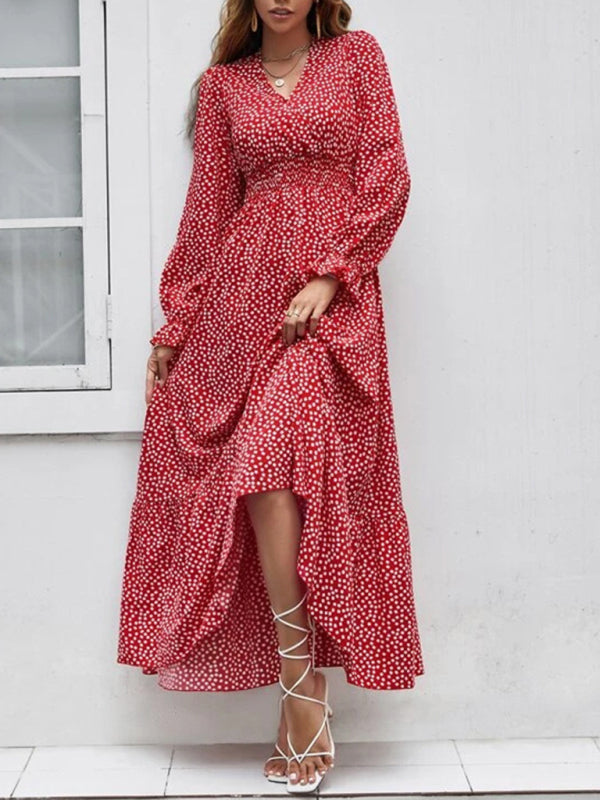 V-Neck Maxi Dress with Polka Dot Print and Tiered Skirt Maxi Dresses MyDresses 